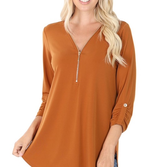 None Tops - Coffee Plus Size Zipper Front 3/4 Sleeve Blouse